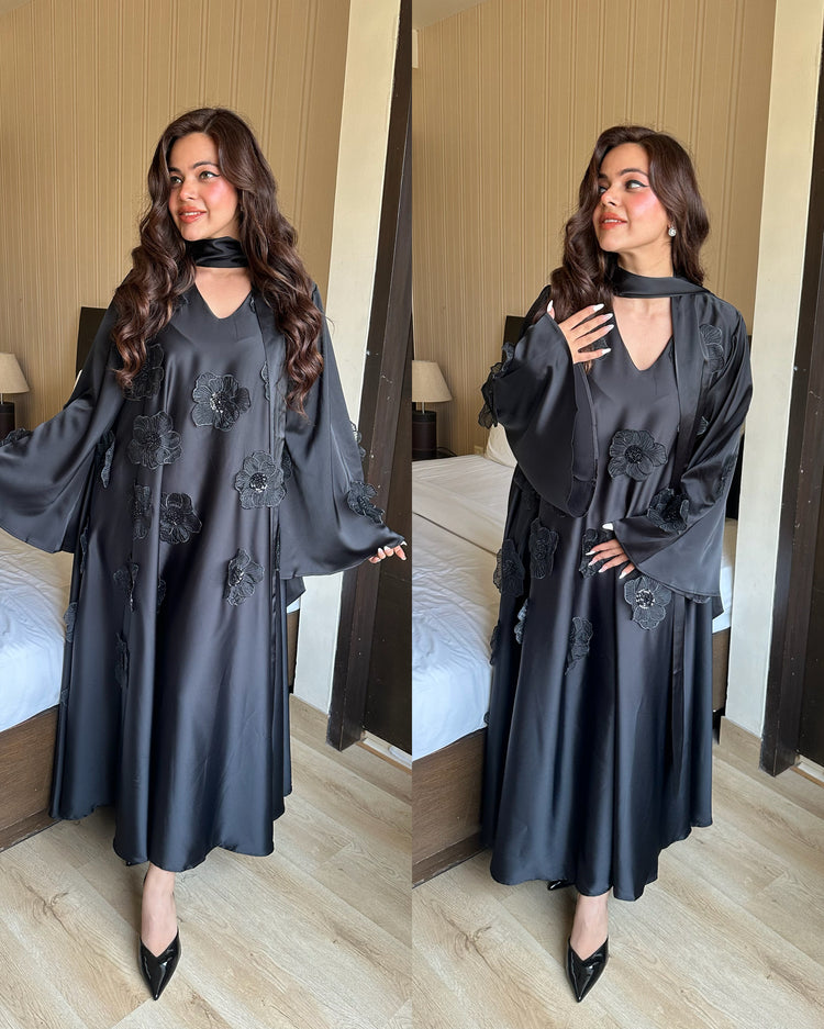 Black 3d flower embroidery gown