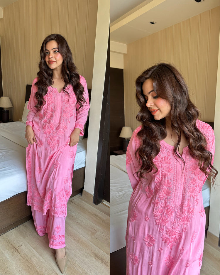 Pink pure chikankari set