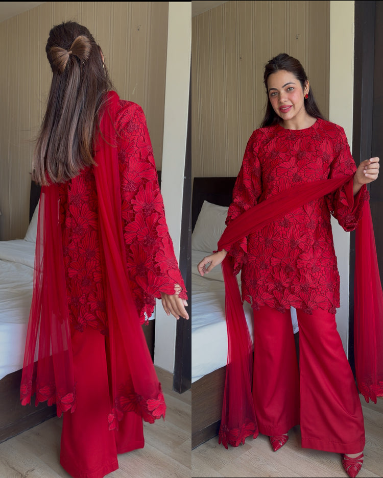 Crimson red premium cutwork suit