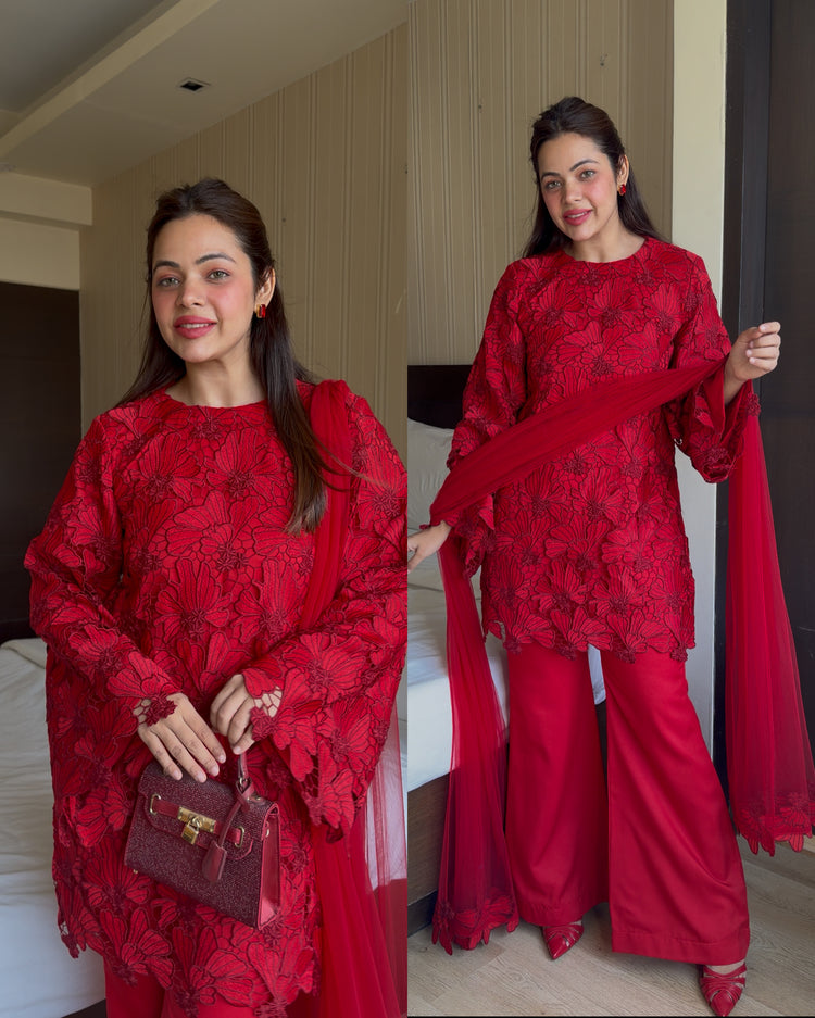 Crimson red premium cutwork suit