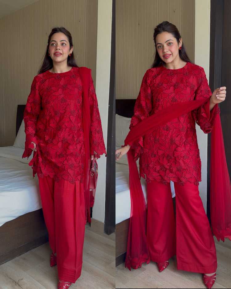Crimson red premium cutwork suit