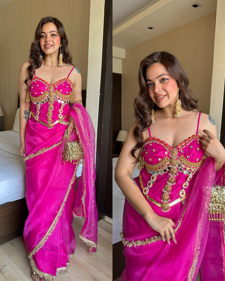 Pink heavy work corset ready saree