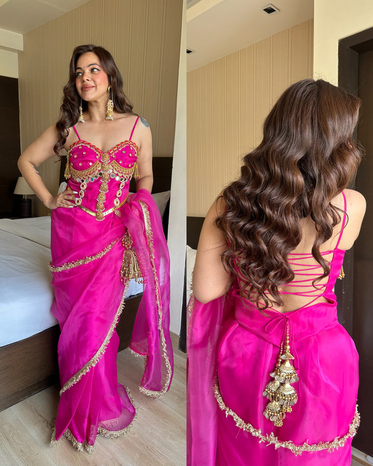 Pink heavy work corset ready saree
