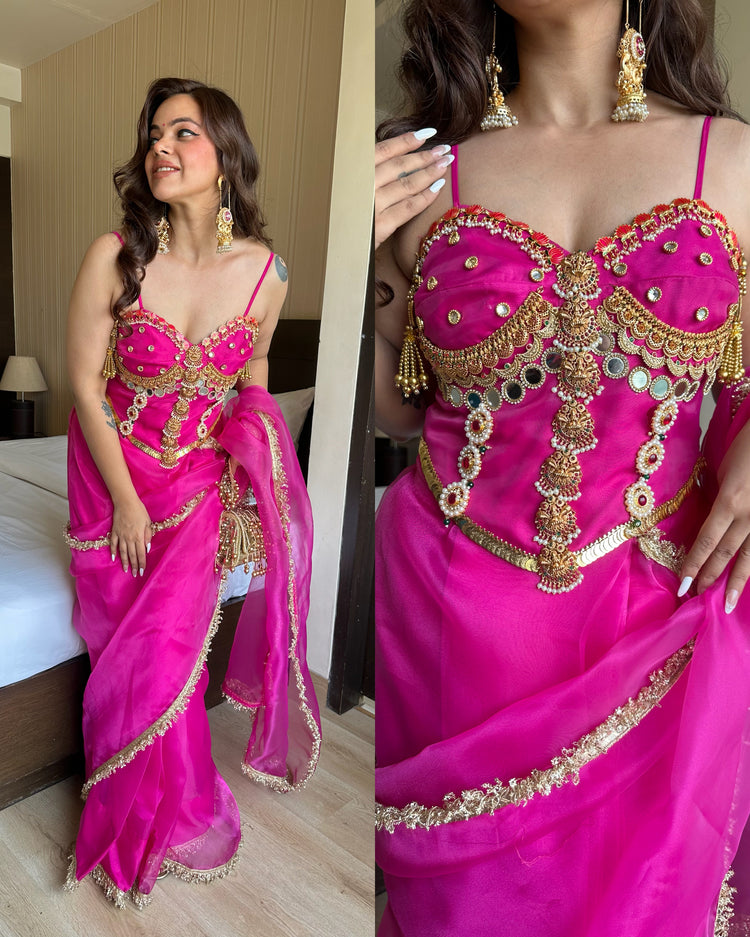 Pink heavy work corset ready saree