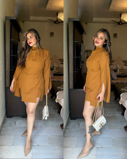Mustard v cut hem dress