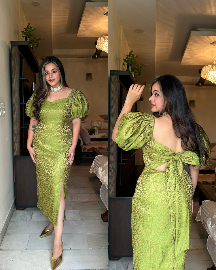 Green silk backless knot dress