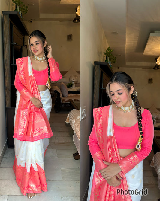 Coral pink white silk saree