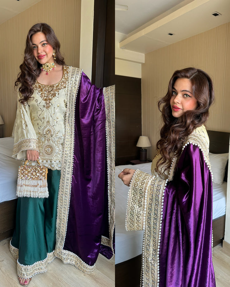 Cream green heavy work velvet shawl suit