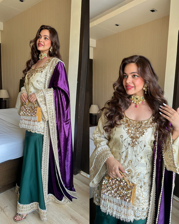 Cream green heavy work velvet shawl suit