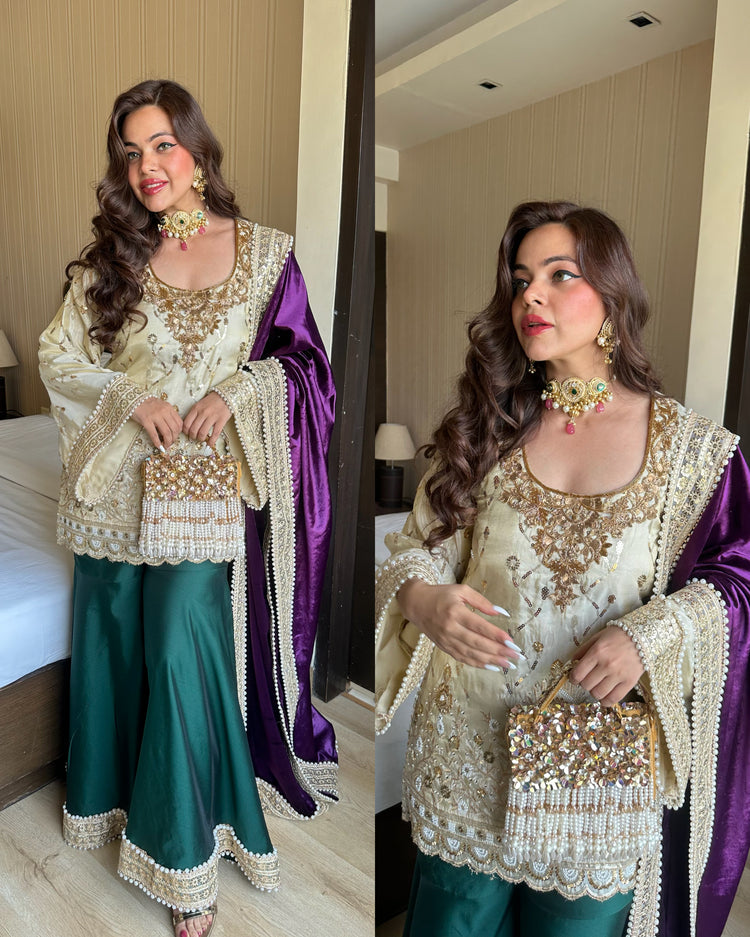 Cream green heavy work velvet shawl suit