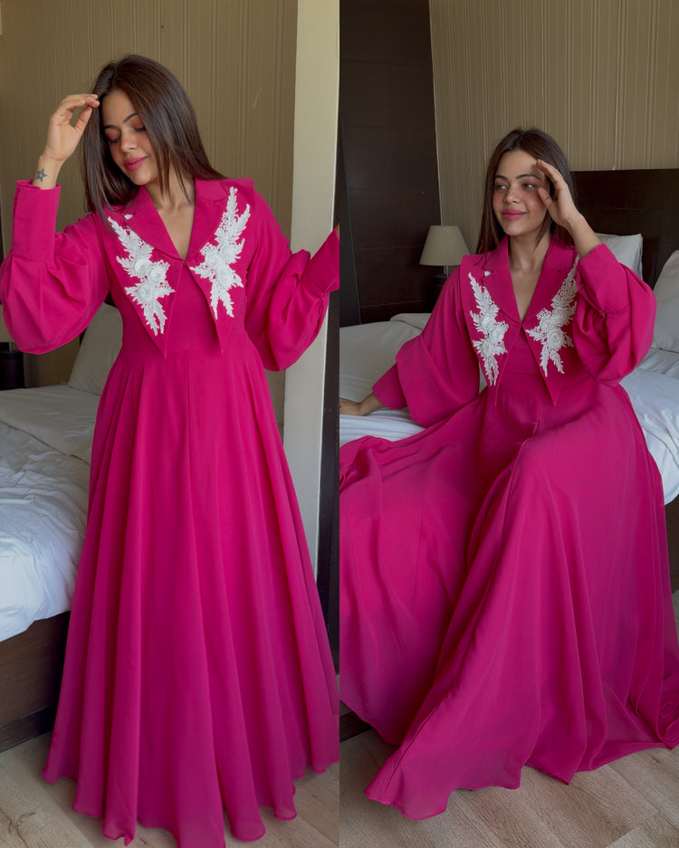 Pink white 3d work gown set