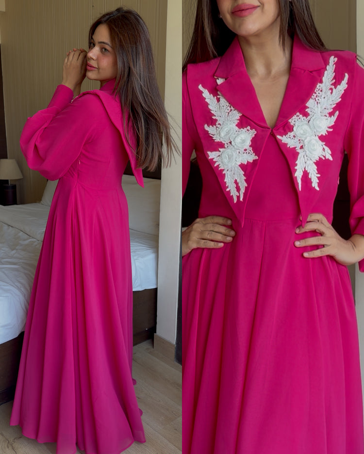 Pink white 3d work gown set