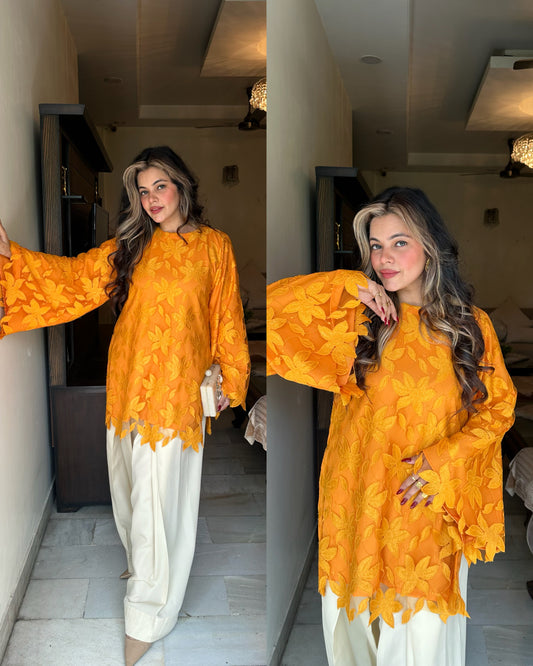 Cutwork yellow kurta farsi salwar set