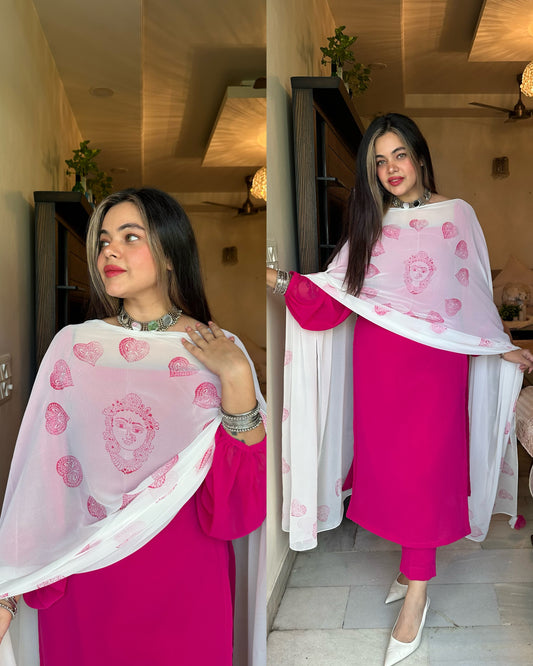 Pink white block print duppata suit