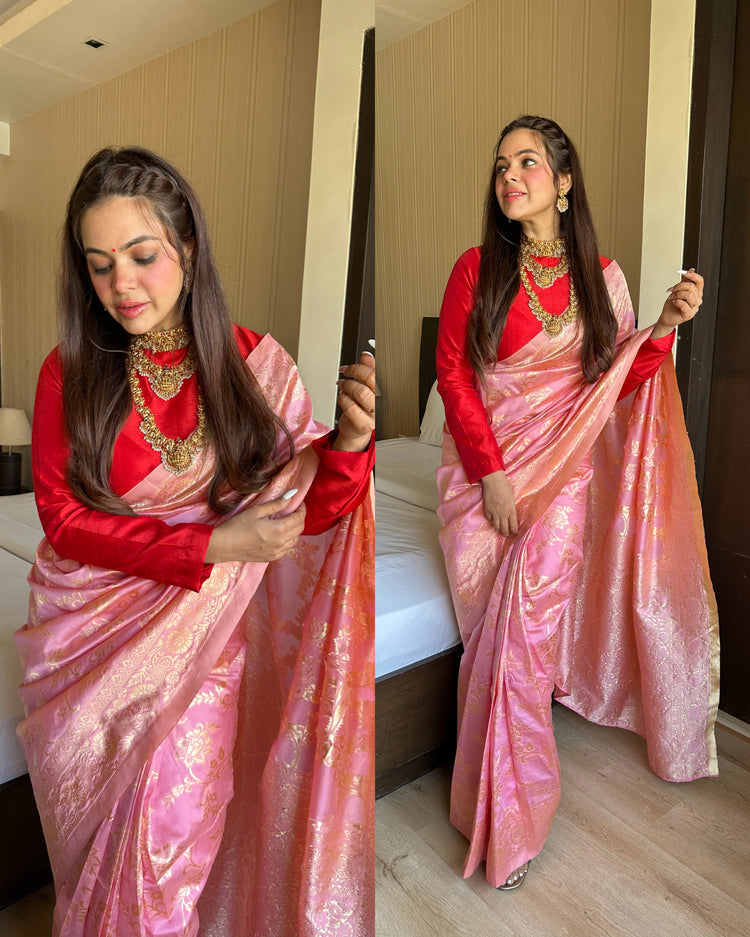 Red pink silk ready to wear saree