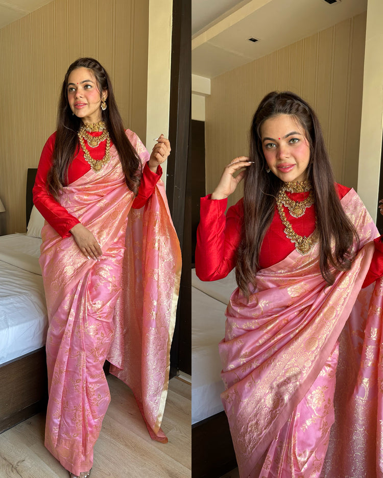 Red pink silk ready to wear saree