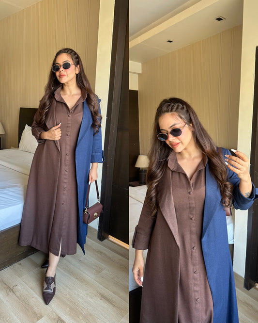 Brown navy colorblock woollen set