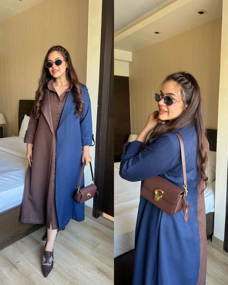 Brown navy colorblock woollen set