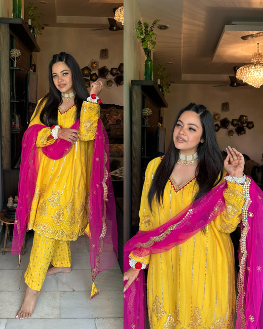 Yellow pink pheran suit