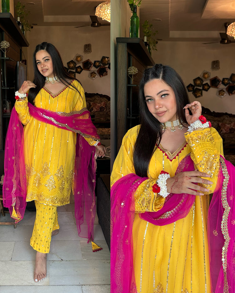 Yellow pink pheran suit