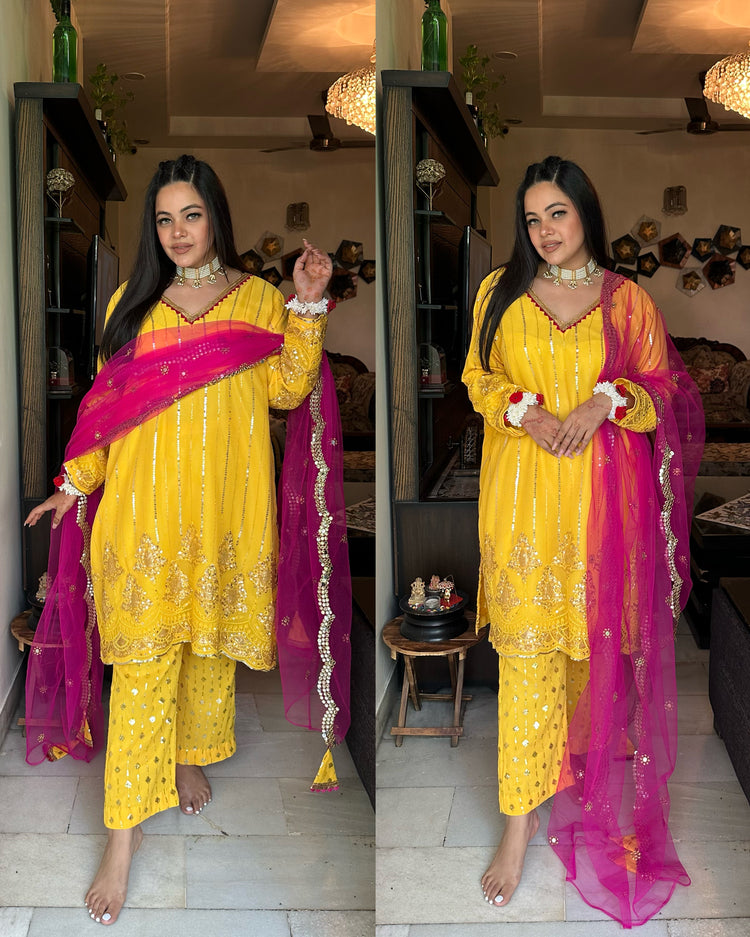 Yellow pink pheran suit