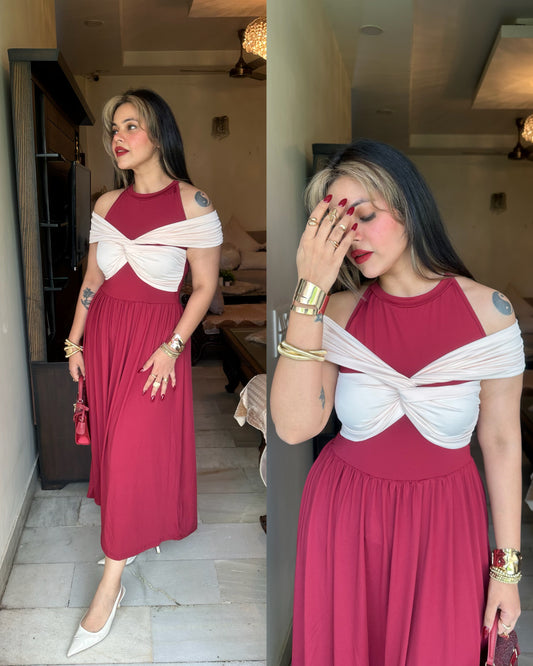 Burgundy cream drape stretchy dress