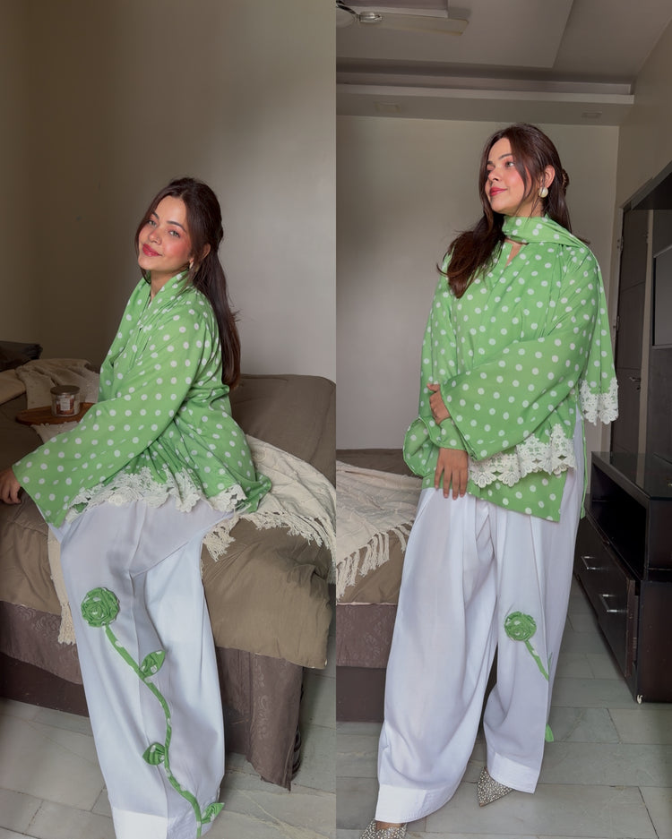 Green polka flower farsi set