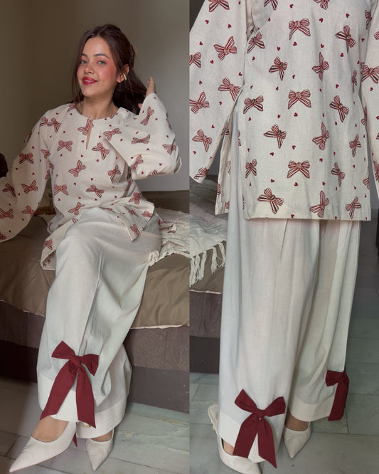 Beige maroon bow linen farsi set