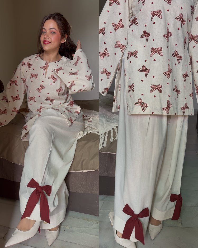 Beige maroon bow linen farsi set