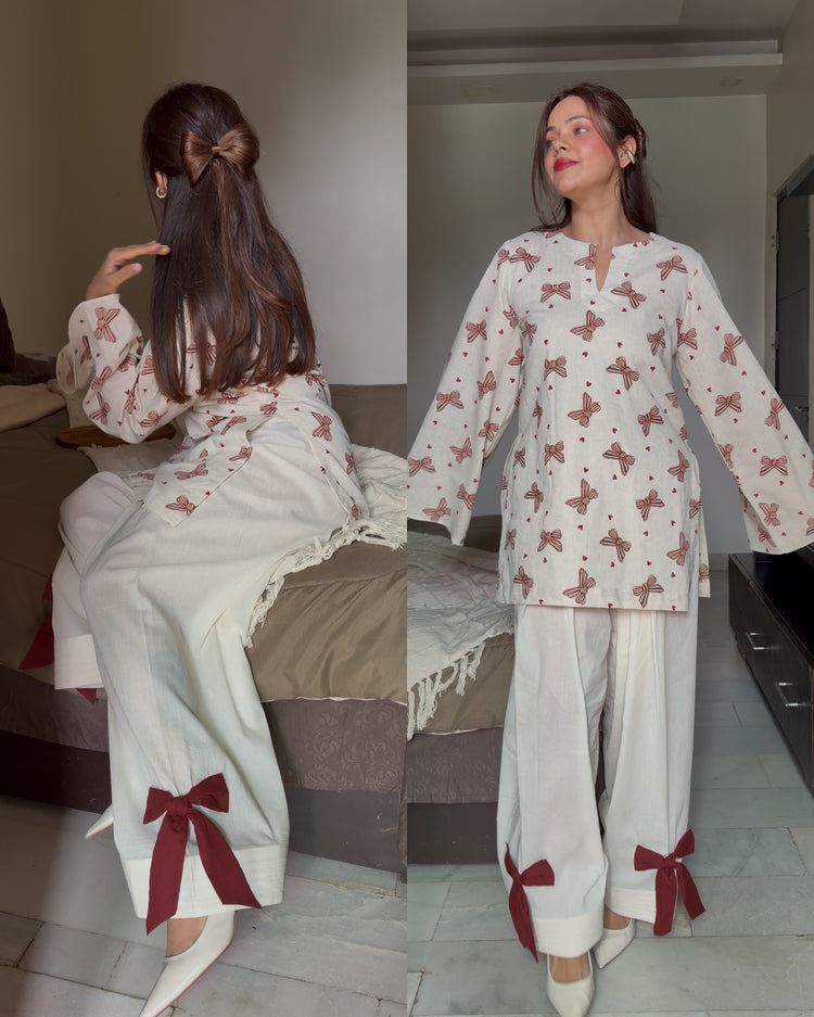 Beige maroon bow linen farsi set