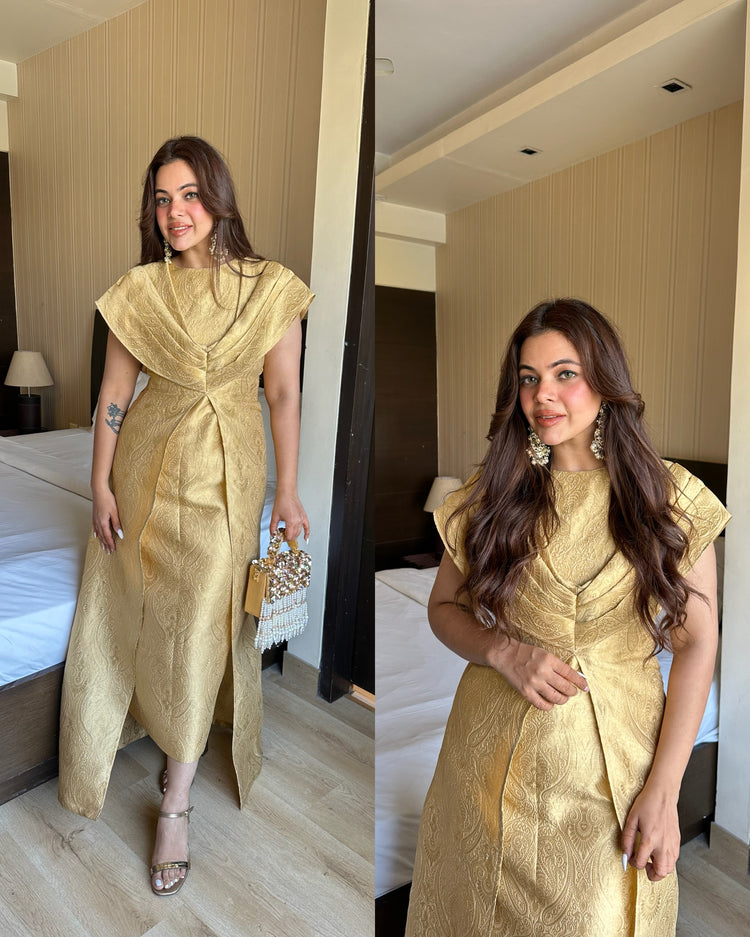 Golden silk structed formal dress