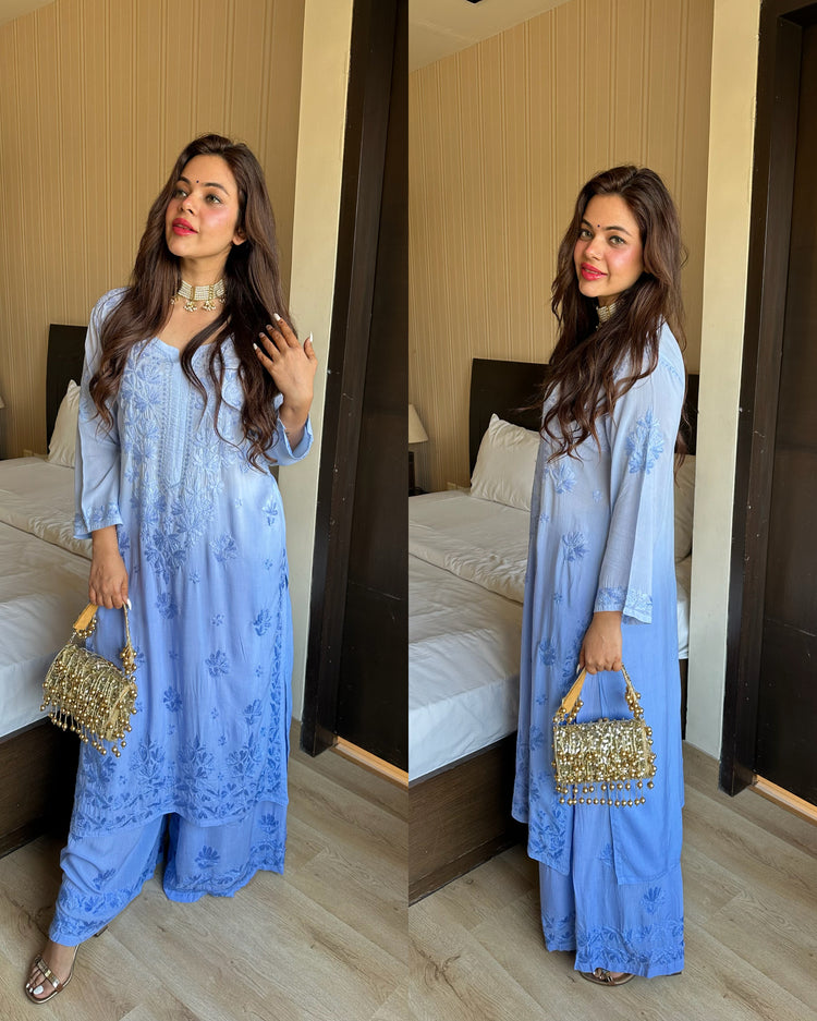 Ombre indigo blue pure muslin chikankari set