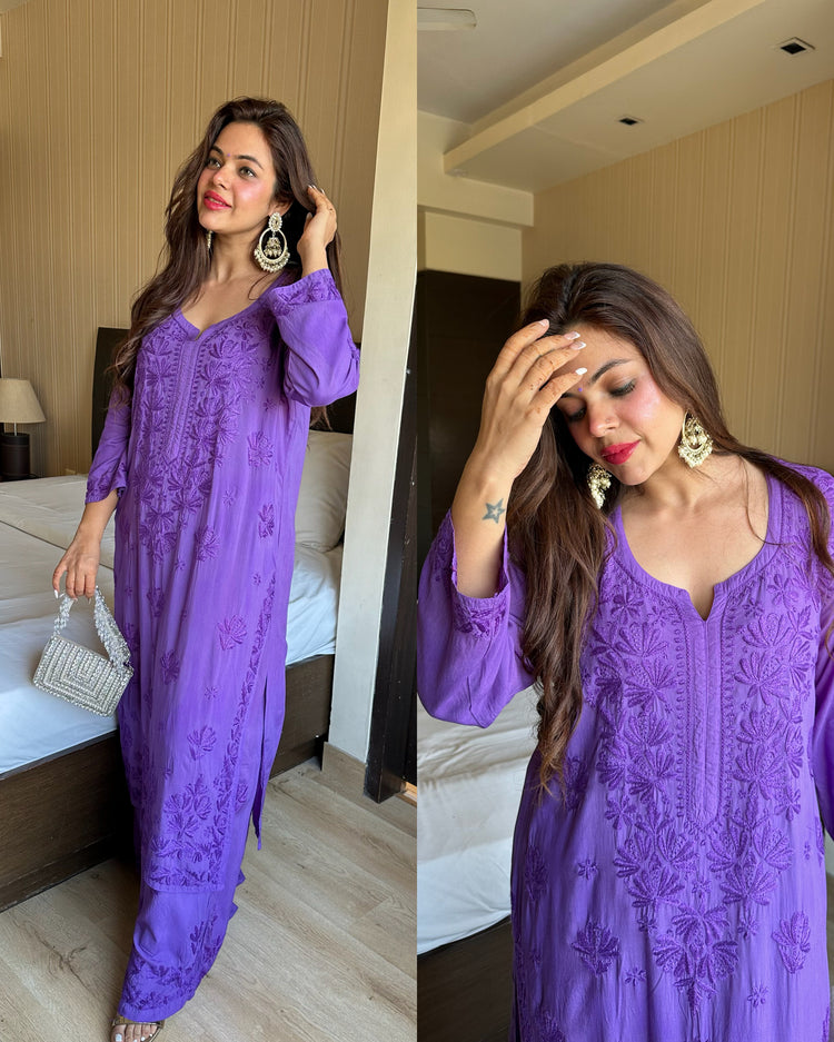Purple pure muslin chikankari set