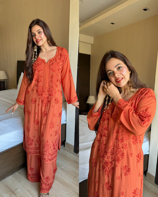 Peachy orange pure muslin chikankari set