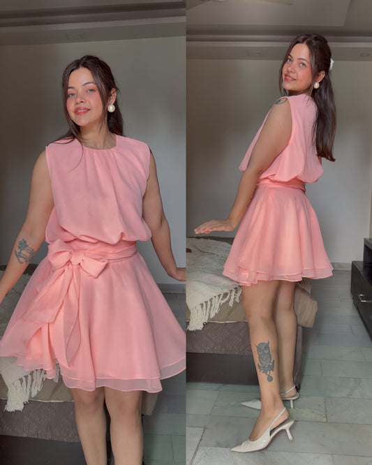 Peach bow belt flare dress