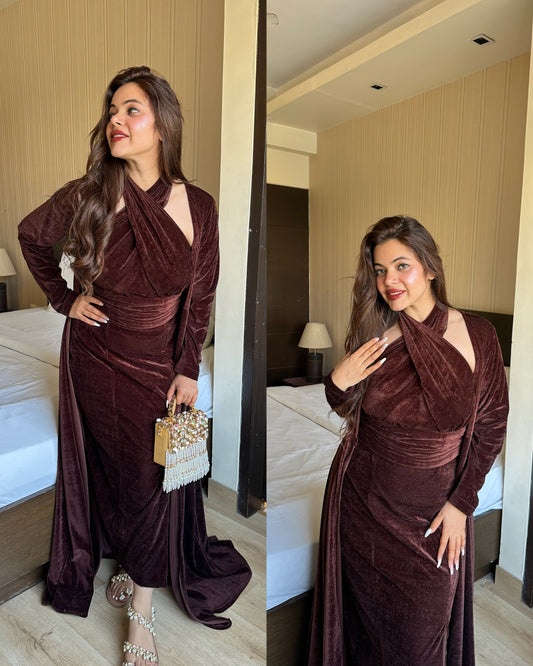 Brown velvet drape jacket set