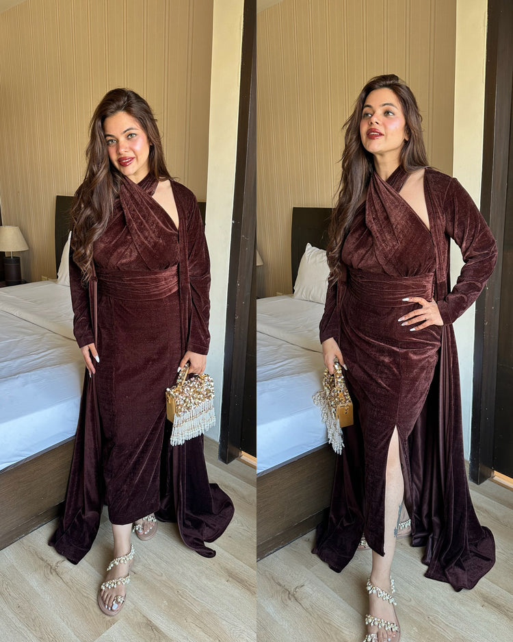 Brown velvet drape jacket set