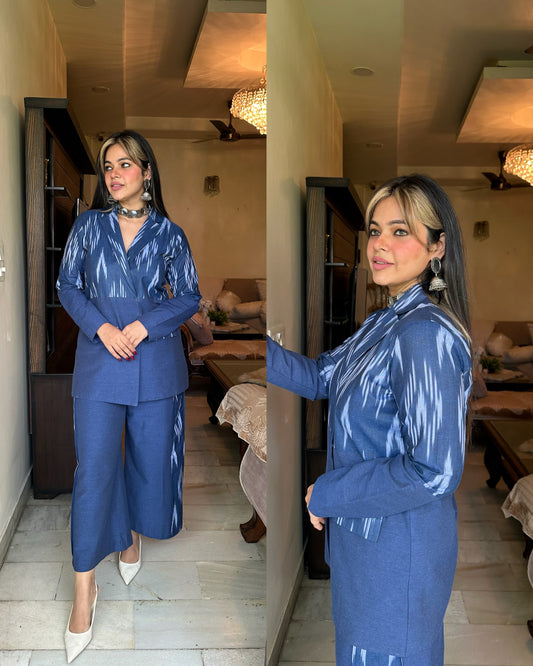 Blue cotton ikkat blazer set