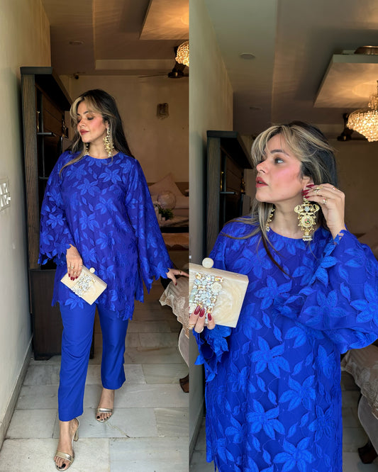 Royal blue cutwork kurti set
