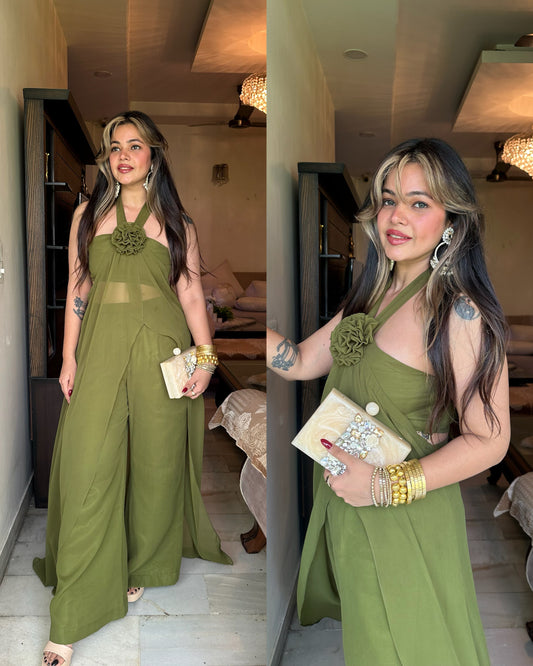 Green rose cape trouser set