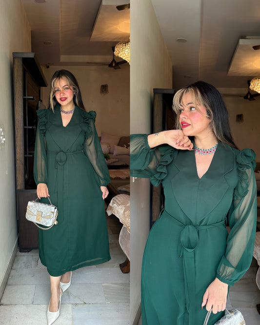 Bottle green armhole frill dress