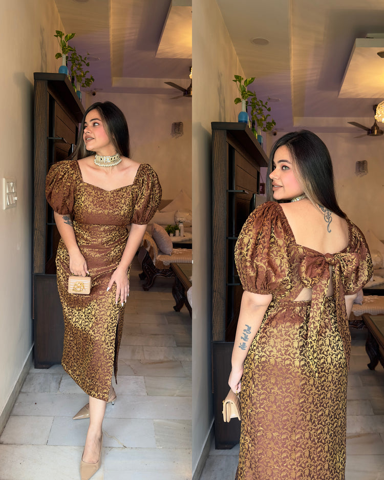 Brown gold silk backless dress