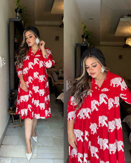 Red elephant cotton dress
