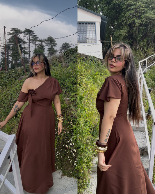 Pretty brown rose one shoulder dress
