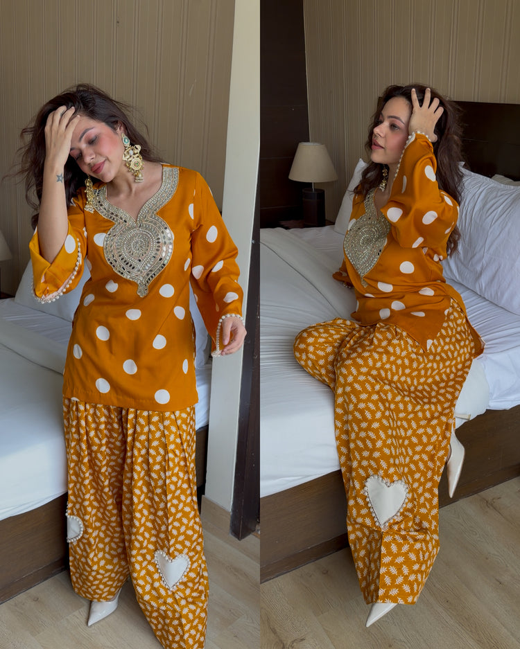 Mustard mirror work heart farsi set