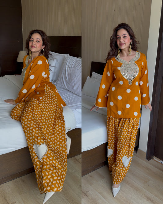 Mustard mirror work heart farsi set