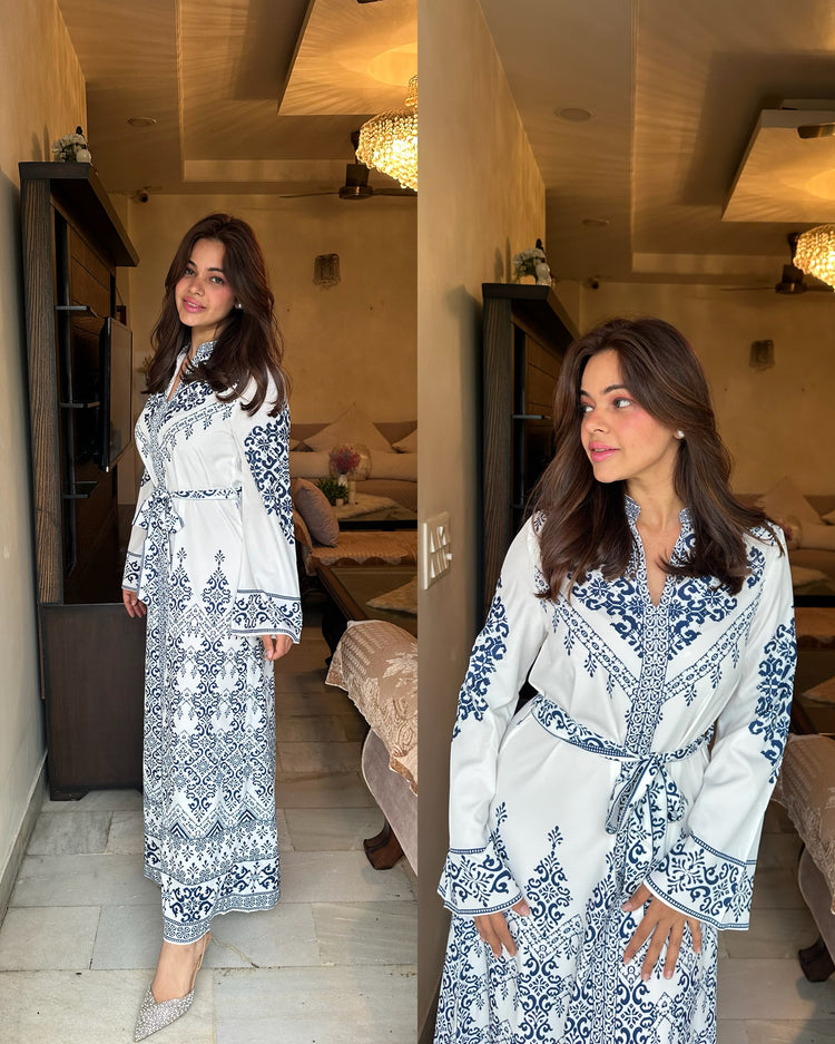 Blue white printed a line dress