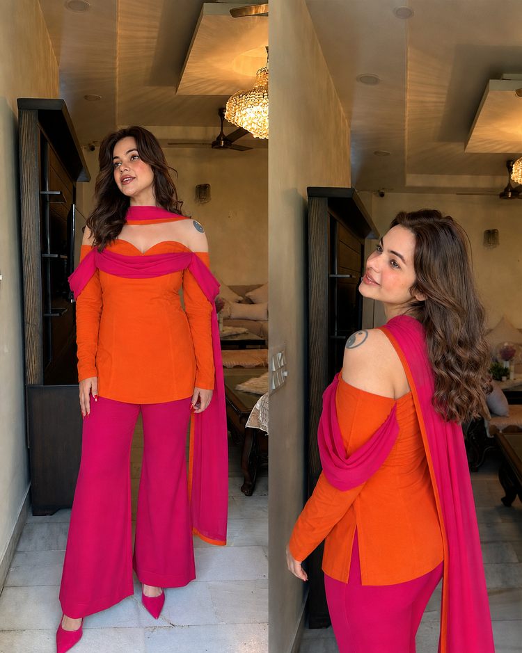 Hot pink orange cowl bell bottoms suit
