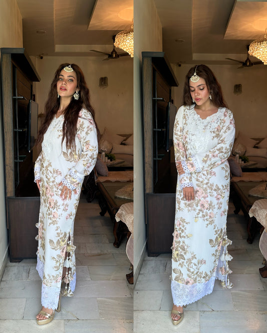 White printed indowestern gown