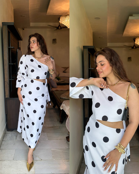 White polka dot rose side cut dress